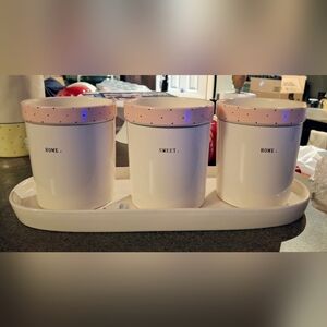 Rae Dunn Pink Polka Dot HOME SWEET HOME Ceramic Container Set